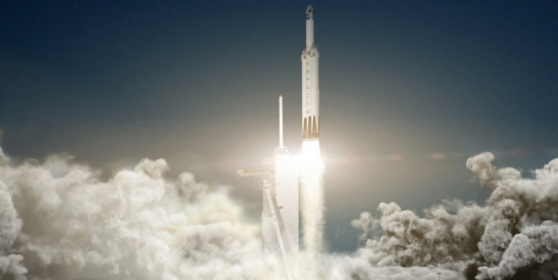  Старт ракеты Falcon Heavy с пилотируемым кораблём Dragon V2 в представлении художника (графика SpaceX) 
